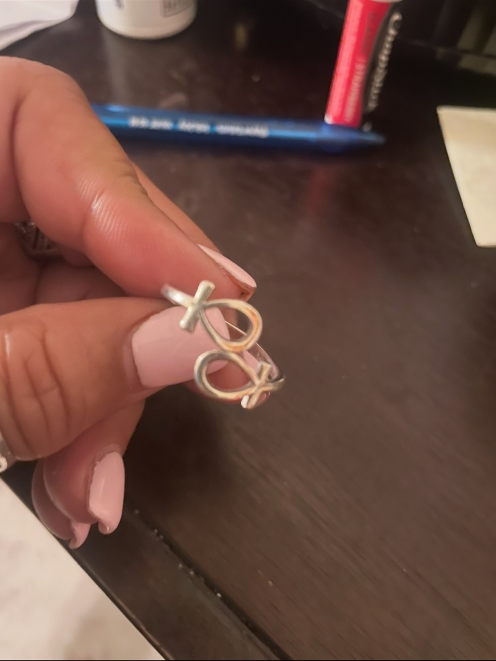 Sterling Silver Cross and Infinity Open Band Ring - Pink Accent